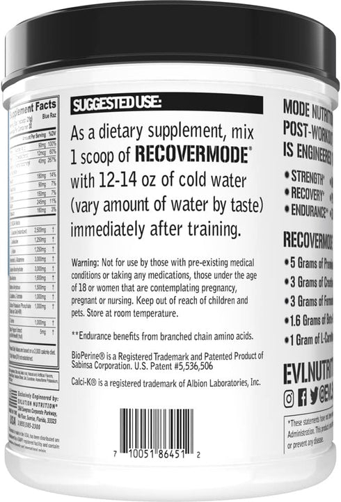 Evlution Nutrition Recover Mode, Complete Post Workout with BCAAs, 30 Serve, Blue Raz