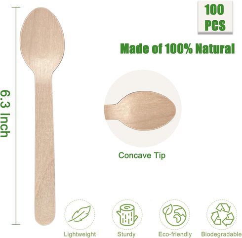 100PCS Disposable Wooden Spoons - 6.3 Inch Compostable Utensils, Biodegradable Bamboo Spoons - Natural Wooden Spoons for Birthday Party, Camping, Picnic, BBQ, Wedding, Outdoor Activities