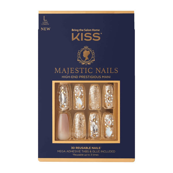 KISS Majestic Fake Nails, ‘My Crown’, High-End Gel Nails, 30 Reusable Long Length Coffin Shaped Glue-On & Press-On