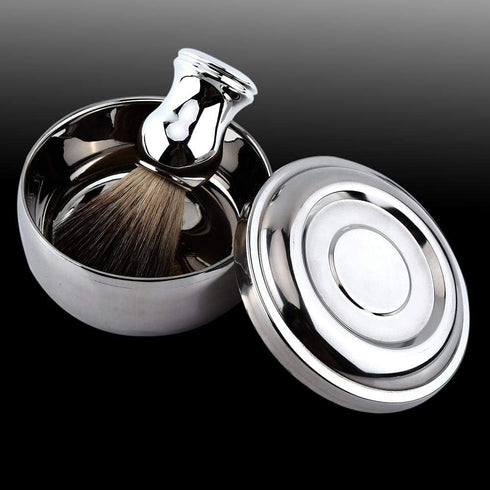 Men's Shaving Brush Set, Professional Men Shaving Tool Kit Alloy Shaving Soap Mug Bowl with Lid + Silver Handle Faux Hair Brush Men Shave Tool Kit by Qkiss