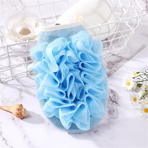 Exfoliating Mesh Pouf Sponge Bath Shower Pouf 2 in 1 with Elastic Hand Strap for Women Men Kid (Blue)