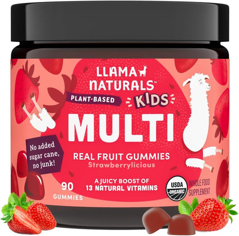 Llama Naturals Real Fruit Gummy Vitamins for Kids, Vegan Toddler Gummies, Organic, 90 ct (30-45 Days) Strawberry