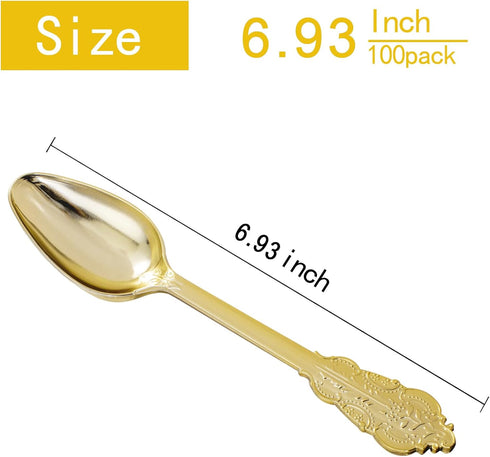 WDF 100 Piece Gold Plastic Spoons, 6.93 Inch Heavy Duty Disposable Silverware for Dessert Cake, Party or Daily Use
