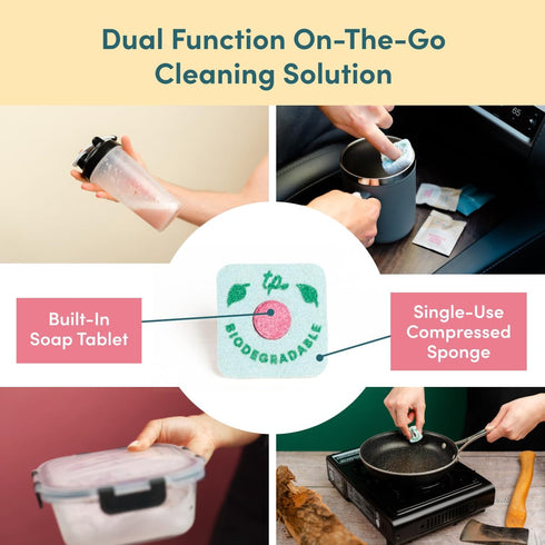 Sponge n' Go: 20-Pack Mini Travel Dish Soap & Sponges | Biodegradable, Soap-Infused, Single-Use Cellulose Compressed Sponges | Your On-The-Go Cleaning Companion for Trips, Camps, Work by Two Pillars