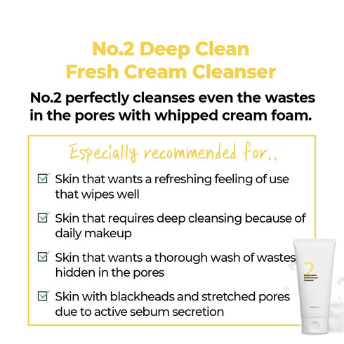 numbuzin No.2 Deep Clean Fresh Cream Cleanser, 4.05 fl oz, Rich Foam Face Wash with Natural Cleansing Ingredients