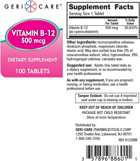 GeriCare Vitamin B-12 500mcg Tablets, Dietary Supplement, 100 Count (Pack of 1)