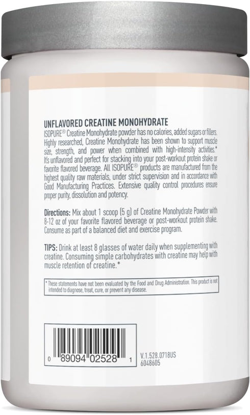 Isopure Unflavored Creatine Monohydrate Powder, Zero Added Ingredients, 5g Creatine per Scoop, 100 Servings