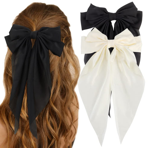 Silky Satin Hair Bows, 2Pcs Big Oversized Hair Bows for Women, White and Black
