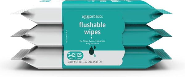Amazon Basics Flushable Adult Toilet Wipes, Fragrance Free, 126 Count, 3 Packs of 42