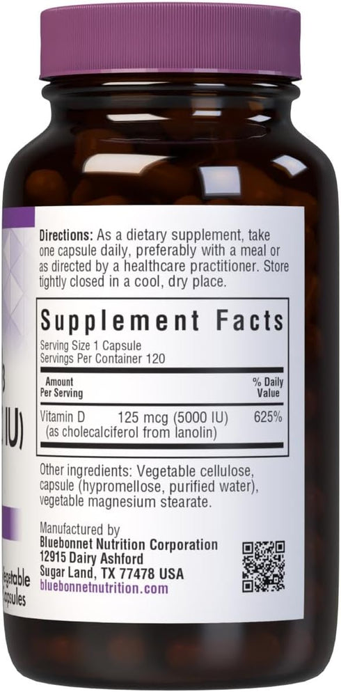 Bluebonnet Vitamin D3 5000 IU Vegetable Capsules - 120 Count for Immune Support