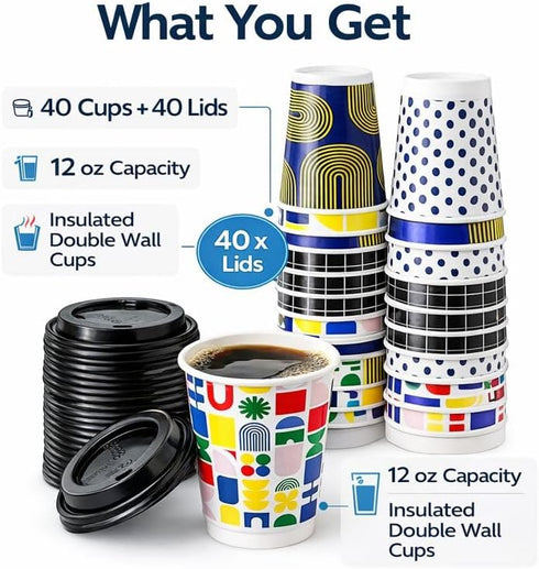K3M 12 oz 40 Count, Insulated Hot Cups with Lids, Disposable Coffee Cups for Home, Office, Parties, Meetings, Travel