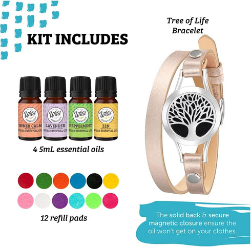 Set, 12 Wild Essentials Tree of Life Essential Oil Leather Wrap Bracelet Diffuser, Gift Lavender, Lemongrass