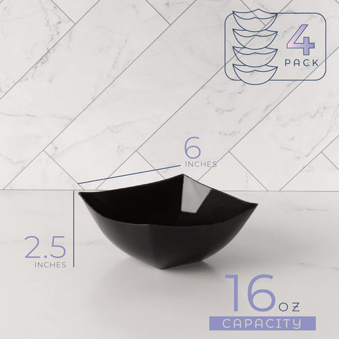 PLASTICPRO Disposable Square Serving Bowls, 4 Pack 16 Ounce Black Snack or Salad Bowls