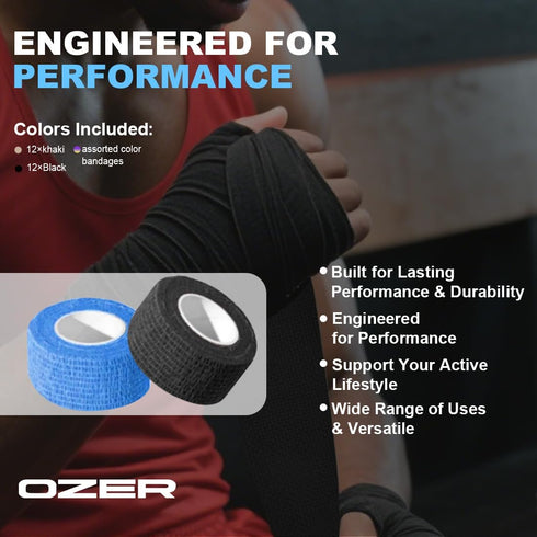 OZER 12 Pack 1 Inch 5 (1 1lnch) x Yards Self Adhesive Bandage Breathable Cohesive Bandage Wrap Rolls Elastic