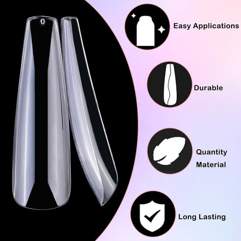 LoveOurHome XL Coffin Acrylic Nail Tips - 240pc Ballerina Shaped Full Cover Artificial Fingernails for Nail Extension
