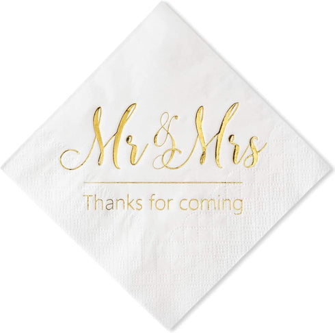 Crisky Napkins Mr and Mrs Gold Cocktail Beverage Dessert, 100 Pcs for Wedding Party Decorations
