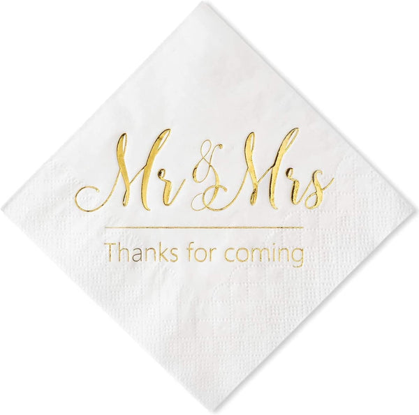 Crisky Napkins Mr and Mrs Gold Cocktail Beverage Dessert, 100 Pcs for Wedding Party Decorations