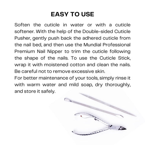Mundial 3 Piece Nail Care Set - Professional Stainless Steel Cuticle Nippers, Double Nail Spatula, Pusher
