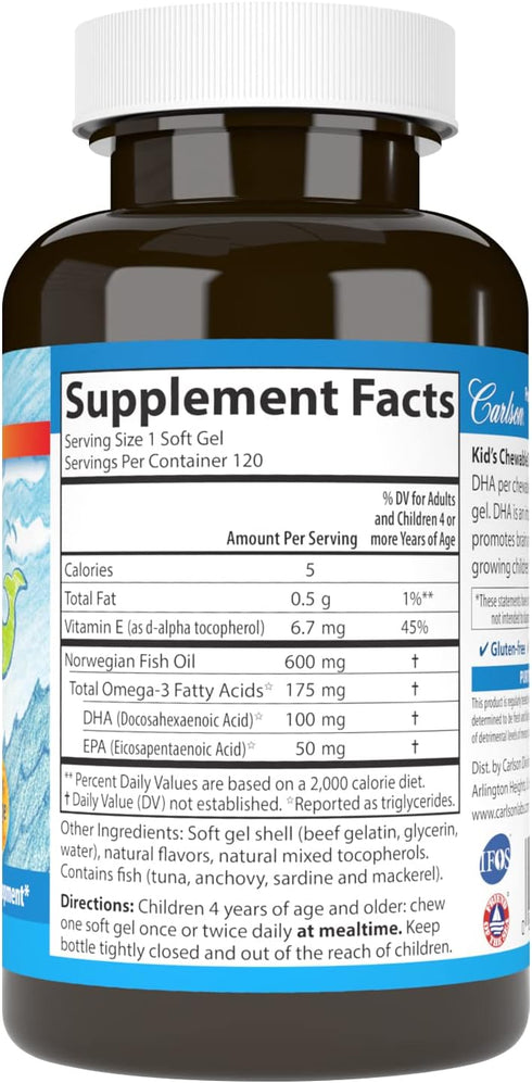 Carlson Kid's Chewable DHA, 100 mg DHA, Brain Health, 120 Chewable Softgels