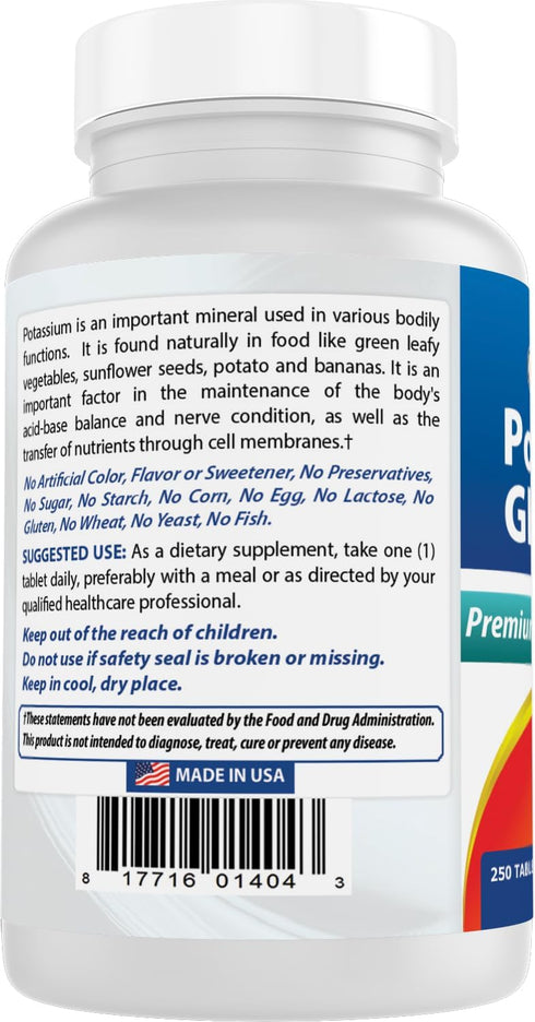 Best Naturals 250 Count Potassium Gluconate Supplement 595 Mg Tablet