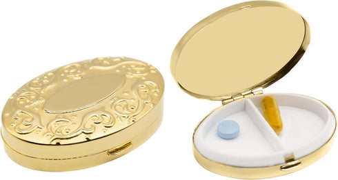Set of 2 Oval-Shaped Pocket Purse Pill Box & Organizer with Dual Compartments (Gold Victorian)
