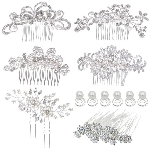 inSowni 32 Pack Silver Wedding Hair Side Combs + U-shaped & Twist Bridal Hair Pins Accessories with Rhinestone Pearls