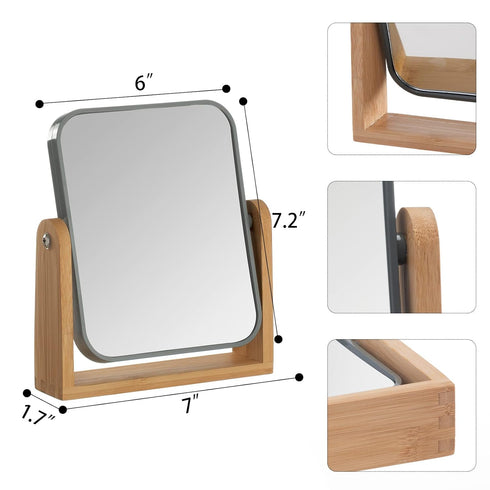 YEAKE Double Sided 3X Magnifying Makeup Mirror, Small Desk Table Mirror with Bamboo Stand, Grey