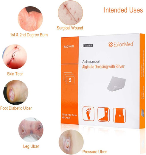 Silver Calcium Alginate Wound Dressing Pad, 4’’x5’’ High Absorbency Non-Stick Gauze for Pressure Ulcers, 5 Packs