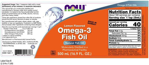 NOW Supplements, Omega-3 Fish Oil Liquid, Molecularly Distilled, Lemon Flavored, 16.9-Ounce