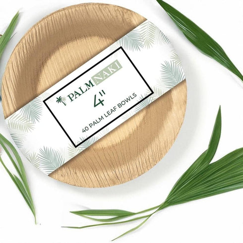 PALM NAKI Eco-Friendly 4-Inch Round Palm Leaf Bowls (40 Pack), Sustainable, Decorative, Compostable Tableware