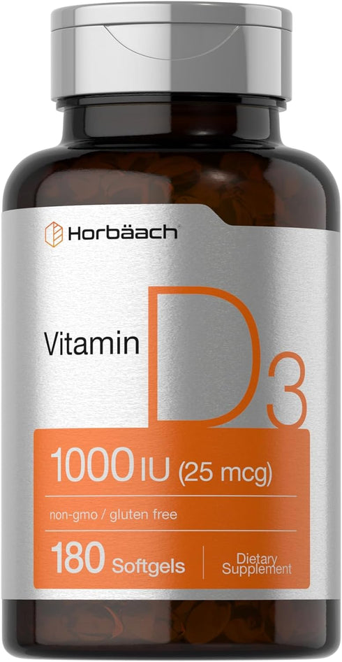 Horbaeach Vitamin D3 1000IU Softgels (25mcg) | 180 Count | Non-GMO, Gluten Free Supplement