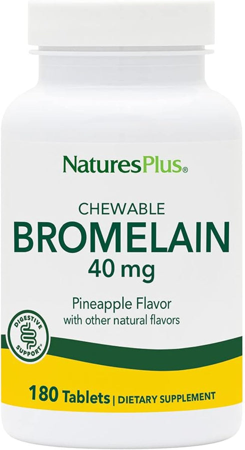 Natures Plus Chewable Bromelain - 40 mg - Natural Proteolytic Enzyme Supplement, 180 Chewable Tablets