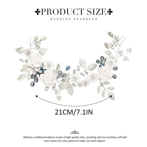 Unicra Flower Silver Bride Wedding Hair Vine - Pearl Bridal Hair Piece with Blue Rhinestone