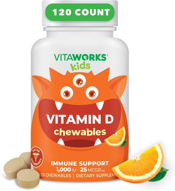 Kids Vitamin D 1000 IU Chewable Tablets, 120 Chewables - Tasty Natural Orange Flavor, Vegan & Gluten Free