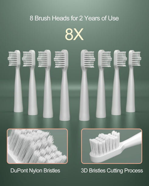 Upgrade Sonic Electric Toothbrush for Adults, 8 Replacement Brush Heads, Rechargeable with 2-Minute Timer, White & Green