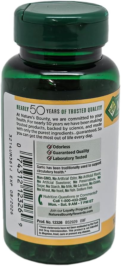 Nature's Bounty Garlic Extract 1000 mg, Promotes Heart Health and Cholesterol Support100 Rapid Release Softgels, contains Soybean oil, gelatin, vegetable glycerin.