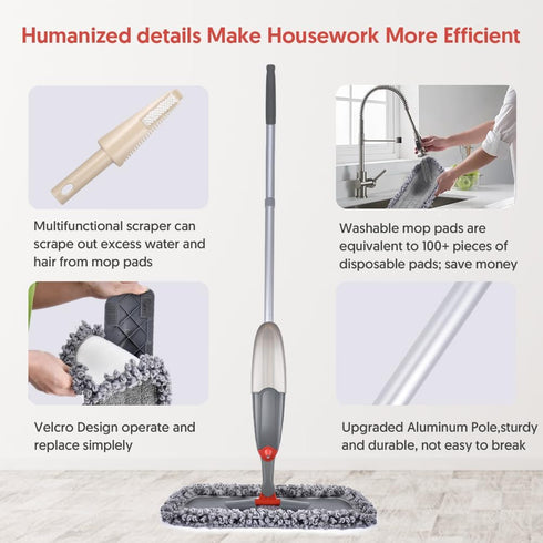 Spray Mop for Floor Cleaning, Domi-patrol Microfiber Floor Mop Dry Wet Mop Spray with 3 Washable Mop Pads & Refillable Bottle, Dust Cleaning Mop for Hardwood Laminate Tile Floors, Gray