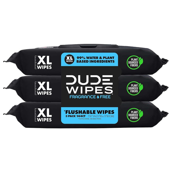 DUDE Wipes Flushable Wipes, 3 Pack of 144 Unscented Extra-Large Adult Wet Wipes with Vitamin-E & Aloe