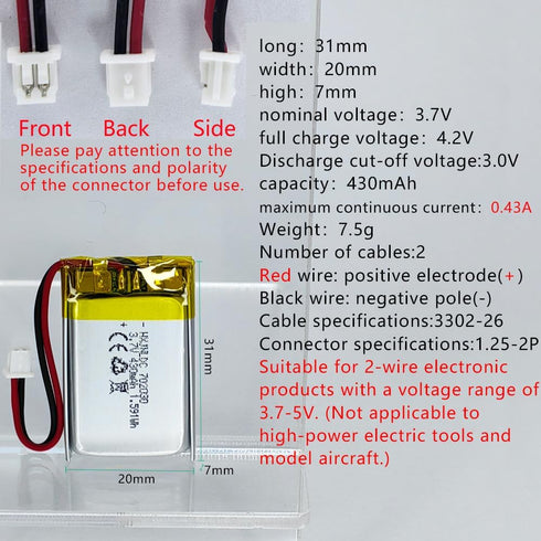 HXJNLDC 3.7V 430mAh 702030 3.7-5V 2-Wire DC Rechargeable Lithium Polymer Battery, Suitable for DIY Electronic Products
