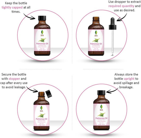 SVA Palmarosa Essential Oil, 4 Fl Oz, 100% Natural Oil for Diffuser, Hair Care, Skin Care, Aromatherapy