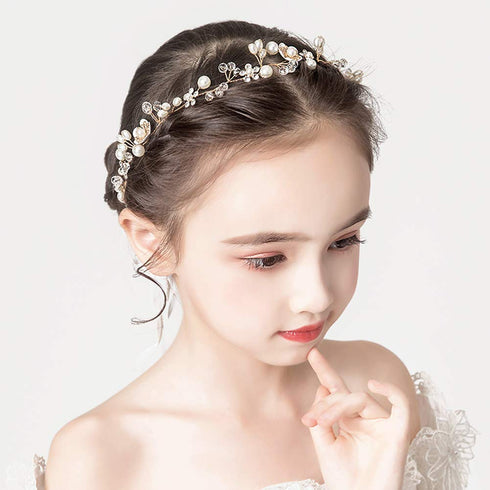 PRDGIRL Wedding Hair Accessories for Kids, Princess Headpiece White Flower Headband, Pearl Hair Dress for Girl and