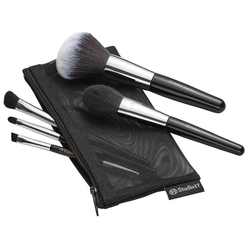 Travel Makeup Brush Set, 5 Pcs Essential Face & Eye Brushes, Portable Makeup Pouch & Brush Cover Included