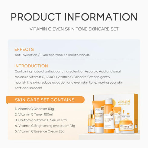 Vitamin C Skincare Set, Moisturizing Face Care Kit with Cleanser, Serum, Cream, Eye Cream, Toner
