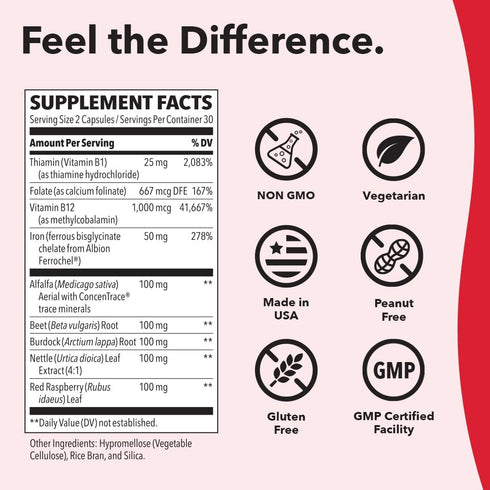 LifeSeasons Blood Nourish-R - 60 Capsules Iron Supplement for Anemia, Fatigue, Paleness & Dizziness, Non Constipating