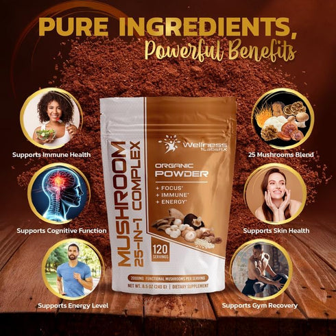 Mushroom Powder, 25 in 1 Mushrooms Lions Mane Powder Organic - 2000mg - 120 Servings, Superfood Mushrooms