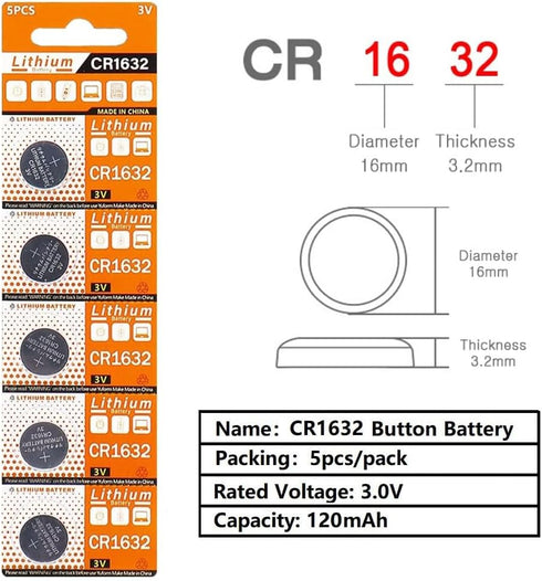 Cotchear 5pcs/Pack CR1632 Button Battery - 3V Lithium Coin Cell Batteries for Electronic Watch Remote