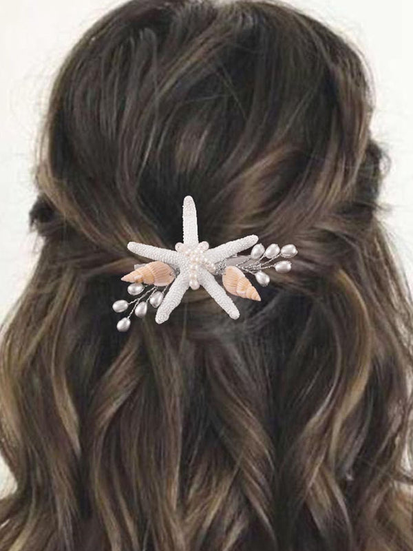 Yean Starfish Wedding Hair Clip, Silver Beach Bridal Hair Accessories, Pearl SeaShell Hair Piece for Women