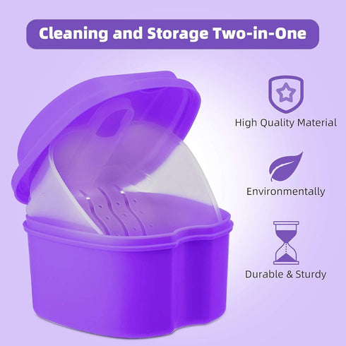 Denture Soaking Cup, Dental Retainer Case Cleaning with Strainer Basket, Orthodontic Bath Box, Mouthguard Storage