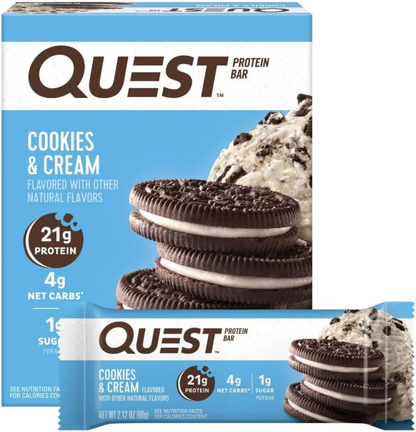 Quest Nutrition Cookies & Cream Protein Bars: 21g Protein, 4g Net Carbs, 1g Sugar, Gluten Free, 4 Count