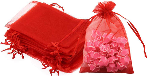 100 Pc 5x7 inch Red Gift Wrap Bags, Organza Sheer Fabric Drawstring Treat Bags for Baby Shower, House Party Favors